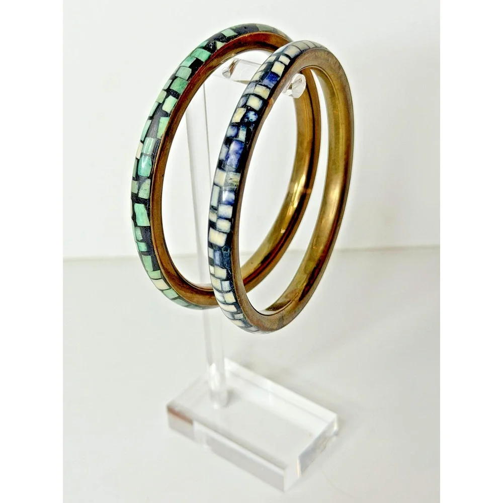 Mosaic Inlay Stone Tile Bangle Bracelet Pair Brass Tone Green Cream Southwestern